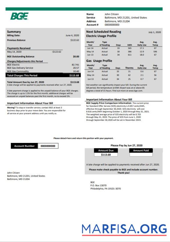 Printable USA Maryland BGE gas and electric utility bill template in Word and PDF format